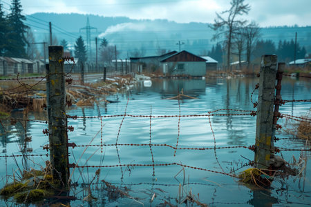 Sublime and serene, this image captures the delicate balance between tranquility and adversity in a flooded countryside The sweeping landscape is painted with vibrant greens, punctuated by the glimmering water that engulfs houses and fields An overcast sky adds a touch of melancholy, deepening the sense of isolation and resilience amidst the immersive beauty of nature's wrath AI Generativeの素材