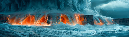 Behold the awe-inspiring spectacle of a volcanic eruption amidst raging ocean waves, captured in breathtaking photography Fiery lava cascades down the volcano&#39;s slopes, illuminating the surroundings with an otherworldly glow Simultaneously, towering waves crash relentlessly against the shore, creating a symphony of chaos and beauty Dark clouds billow above, adding an air of dramatic intensity to this mesmerizing display of nature&#39;s raw power AI Generativeの素材