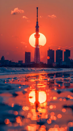 Behold the urban majesty as a captivating sunset paints the sky with hues of gold and crimson The modern cityscape stands tall, casting elongated shadows that dance upon the tranquil waters below Reflected lights illuminate the water&#39;s surface, creating an enchanting play of shimmers The scene evokes a serene atmosphere, inviting you to bask in the beauty of nature amidst the urban jungle AI Generativeの素材