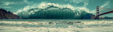 Witness the awe-inspiring fury of nature as majestic ocean waves thunderously crash against the iconic bridge The towering tidal wave, captured in stunning detail, dwarfs the structure, evoking a sense of both power and vulnerability The vibrant hues of the coastline create a dramatic backdrop, enhancing the spectacle of the raging waters AI Generativeの素材