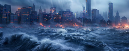 A cataclysmic vision of urban desolation emerges, as towering cityscapes are relentlessly submerged by an unforgiving ocean surge Fiery infernos rage, casting an eerie, hellish glow on the once-familiar skyline The sky is saturated with ominous darkness, symbolizing the impending doom that engulfs this forsaken metropolis AI Generativeの素材