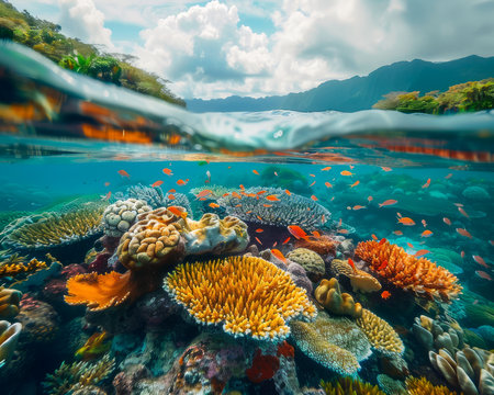 Experience the breathtaking spectacle of an underwater paradise! Vibrant coral reefs teeming with colorful fish dance against a backdrop of azure ocean waters Lush mountains rise majestically in the distance, their peaks brushed by billowing clouds in a breathtaking celestial symphony Dive into this vibrant marine sanctuary for an unforgettable encounter with nature&#39;s wonders AI Generativeの素材