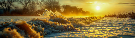 Tranquil winter sunrise radiates over a serene snow-laden field, bathing trees in a warm glow The peaceful morning landscape exudes tranquility, capturing the beauty and serenity of nature awakening at dawn AI Generativeの素材