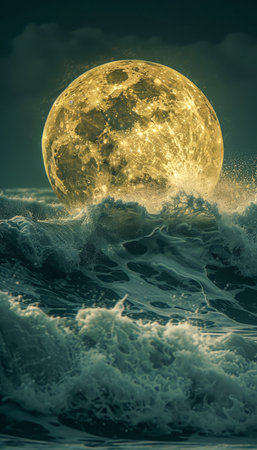 A majestic full moon ascends above a tumultuous ocean, casting an ethereal glow upon the churning waves below The dramatic lighting and stunning natural phenomenon are captured in breathtaking detail, creating a captivating nighttime seascape that evokes both awe and tranquility AI Generativeの素材