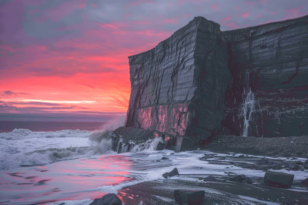 Witness the mesmerizing beauty of nature&#39;s canvas as a majestic coastal cliff stands tall against a vibrant sunset sky Crashing waves dance at its base, creating a captivating symphony of sound and motion This breathtaking vista invites nature lovers and photography enthusiasts alike to capture its dramatic scenery, offering a stunning backdrop for unforgettable moments AI Generativeの素材
