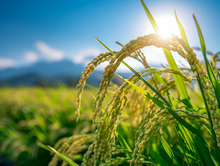 Capture the essence of bountiful nature and rural charm in this breathtaking photo Verdant rice fields shimmer under golden sunlight, creating a mesmerizing tapestry against a towering mountain backdrop The symphony of colors and textures paints a picturesque scene of agricultural abundance, showcasing the beauty that thrives in our rural landscapes AI Generativeの素材