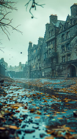 Step into the captivating embrace of an atmospheric urban alleyway on a rainy autumn day Historic stone buildings cast shadows upon the slick cobblestones, their aged surfaces adorned with vibrant hues of fallen leaves Along the abandoned pathways, puddles reflect the dim light, creating an ethereal ambiance The air is heavy with the scent of damp earth and freshly fallen rain, painting a serene and mysterious canvas for your visual storytelling AI Generativeの素材