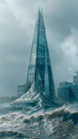 Amidst towering ocean waves under gloomy skies, a surreal vision unfolds: a colossal skyscraper defiantly stands, its architectural prowess juxtaposed against nature&#39;s wrath The skyscraper, an urban monolith, becomes a beacon of resilience as colossal waves crash against its facade, embodying the clash between humanity&#39;s creations and untamed natural forces The flooded setting transforms the urban landscape into a watery dystopia, blurring the boundaries between reality and fantasy, inviting viewers to confront the fragility of human constructs in the face of nature&#39;s fury AI Generativeの素材