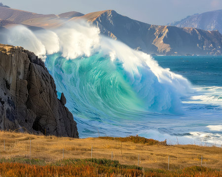 Witness the untamed fury of colossal waves colliding with rugged cliffs, painting a dramatic symphony of power and beauty These images evoke the primal essence of the ocean, capturing the awe-inspiring spectacle of nature&#39;s forceful dance, perfect for those who seek inspiration and tranquility in the untamed coastal wilderness AI Generativeの素材