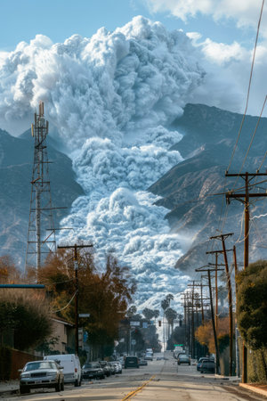 Frozen grandeur unfolds as an avalanche majestically cascades down a mountain, captured against the tranquil backdrop of a serene neighborhood Nature&#39;s raw power contrasts with urban serenity, creating an awe-inspiring photographic moment that showcases the harmony between humanity and the wilderness AI Generativeの素材