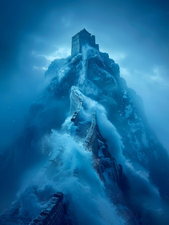 Step into a realm of enchantment where an ethereal fortress rises amidst cascading waves that embrace a rugged cliff Bathed in a mystical blue hue, the tower stands tall, its walls adorned with ancient runes The surrounding landscape is a symphony of swirling colors, creating a dreamscape where reality and magic intertwine As the waves crash against the cliff, they whisper secrets of time and wonder, inviting you to explore the mysteries that lie within this enchanted realm AI Generativeの素材