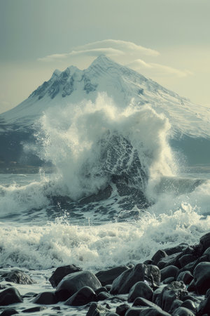 Witness the awe-inspiring majesty of nature as towering snow-capped mountains meet the relentless force of ocean waves crashing against a rocky shoreline This breathtaking image captures the dynamic interplay between earth and sea, showcasing the untamed power and rugged beauty of nature&#39;s elements AI Generativeの素材