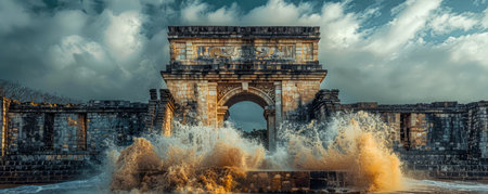 Witness the mesmerizing dance of history and nature as ancient ruins stand defiant against the relentless ocean Storm-driven waves surge and crash, casting a dramatic backdrop to this iconic structure Majestic clouds, like celestial dancers, add an ethereal element, creating a breathtaking symphony of human heritage and untamed natural forces AI Generativeの素材