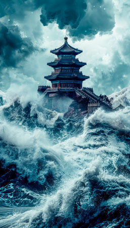 Behold the timeless grandeur of an ancient temple standing unyielding amidst the tempestuous ocean Its weathered walls, etched with stories of devotion, rise above crashing waves like a beacon of resilience The sky boils with dramatic clouds, mirroring the temple's enduring spirit This epic image captures the awe-inspiring collision of nature's wrath and the enduring legacy of human heritage AI Generativeの素材