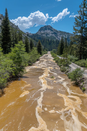 Capture the tranquility of nature with this breathtaking image of a serene mountain stream The crystal-clear waters reflect the azure sky above, while majestic peaks and lush greenery frame the scene Ideal for nature enthusiasts and photography lovers seeking an idyllic escape AI Generativeの素材
