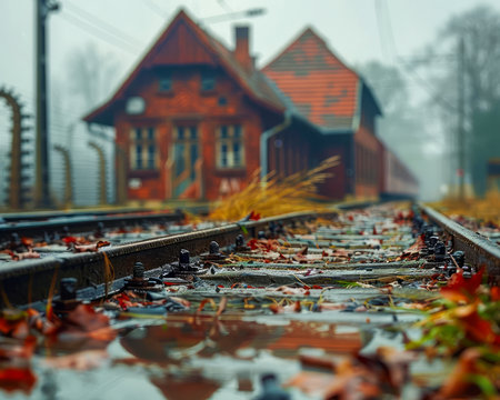 This evocative image captures a serene vintage railway station in the embrace of autumn&#39;s golden hues As fallen leaves dance in the misty atmosphere, the weathered architecture exudes a rustic charm, transporting viewers to a nostalgic era The tranquil countryside setting creates an idyllic backdrop, inviting a sense of tranquility and solitude AI Generativeの素材