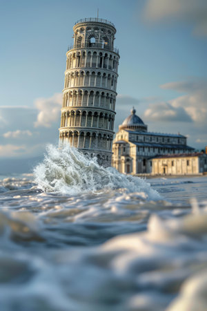 Amidst the golden glow of sunset, a surreal sight unfolds: the iconic Leaning Tower of Pisa emerges from the crashing ocean waves Its alabaster faÃ§ade contrasts against the azure waters, as if suspended between time and reality In the background, historic buildings stand as silent witnesses to this extraordinary spectacle, their architecture blending seamlessly with the dreamlike scene AI Generativeの素材