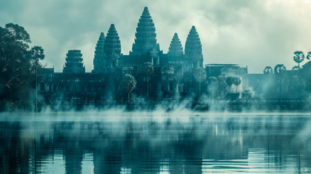 Witness the ethereal beauty of Angkor Wat, bathed in the soft glow of dawn's embrace Amidst the tranquil mist, ancient Khmer architecture emerges like a mystical realm, its timeless grandeur echoing through the centuries This serene morning tableau captures the enigmatic allure of Cambodia's cultural heritage, where history and the surreal intertwine, inviting you to immerse yourself in a realm of wonder and tranquility AI Generativeの素材