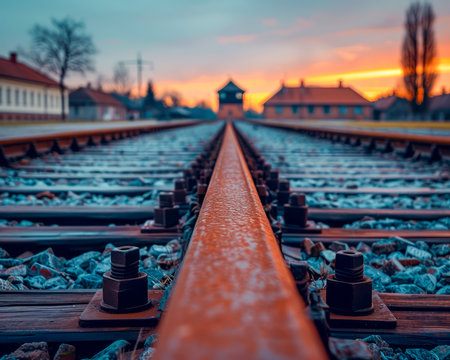 A breathtaking sunset paints the sky with vibrant hues, casting a warm glow over railway tracks that stretch towards the horizon The symmetry of the tracks creates a calming visual, highlighting the tranquillity of a rural setting As day turns to night, the evening light illuminates the tracks, capturing the beauty of nature&#39;s grand finale AI Generativeの素材