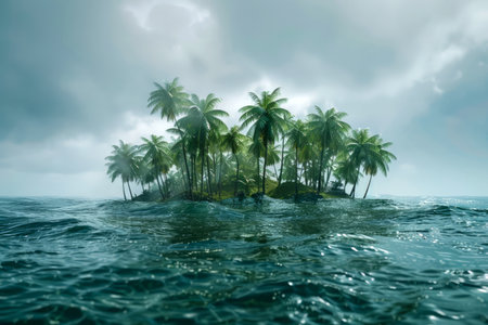 Escape to a secluded island sanctuary where towering palm trees sway gracefully against a vibrant sky Pristine ocean waves gently caress the sandy shores, creating a mesmerizing rhythm that lulls you into tranquility This idyllic oasis offers a haven of serenity, beckoning nature lovers and those seeking solitude to immerse themselves in the beauty and tranquility of the natural world AI Generativeの素材