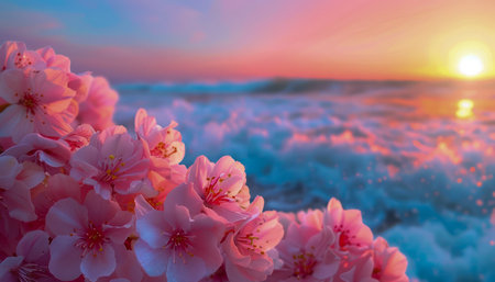 Behold the captivating spectacle of a sunrise over the tranquil ocean, adorned with the delicate bloom of pink cherry blossoms on the shore As the sun casts a golden glow upon the rippling waves, the vibrant colors of the blossoms create a breathtaking contrast, capturing the essence of coastal serenity and floral beauty in a single mesmerizing frame AI Generativeの素材