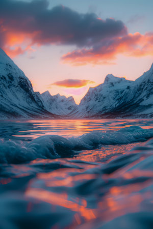 Witness the surreal beauty of the Arctic wilderness in this captivating image Snow-mantled mountains rise majestically, their peaks piercing the vast expanse of a cloudless sky The icy waters of a secluded lake shimmer under the golden glow of a setting sun, casting ethereal reflections that dance across the tranquility This serene composition invites you to lose yourself in the awe-inspiring grandeur of nature&#39;s winter wonderland AI Generativeの素材