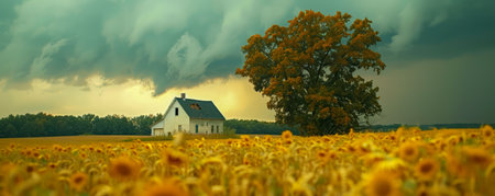 Amidst a serene rural expanse, a solitary tree stands sentinel beside a cozy farmhouse Vast fields of sunflowers, their radiant blooms swaying gently in the breeze, create a picturesque tableau However, ominous storm clouds gather overhead, casting an uncertain shadow over the idyllic scene AI Generativeの素材