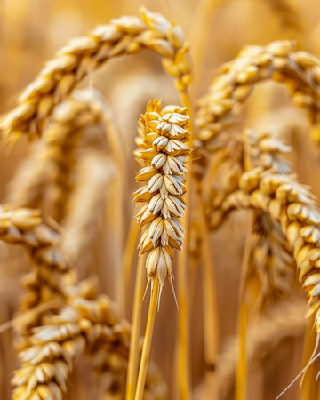 Awe-inspiring image of sun-kissed golden wheat ears swaying gracefully in a vast field This captivating close-up showcases the exquisite beauty of nature&#39;s bounty, capturing the essence of harvest season It symbolizes the abundance of the countryside and the vital role of agriculture in sustaining life, evoking thoughts of freshly baked bread and nutritious cereal This image encapsulates the serenity and harmony of rural landscapes, reminding us of the importance of food sustainability AI Generativeの素材