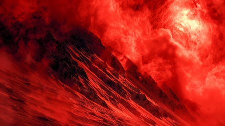 Immerse yourself in the ethereal beauty of a vibrant red abstract landscape Dramatic lighting casts shadows across mysterious mountainous formations, creating a captivating interplay of light and depth Perfect for walls that demand attention and designs that transcend convention, this abstract masterpiece invites endless interpretations AI Generativeの素材