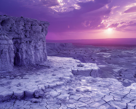 Behold a breathtaking panoramic masterpiece where a vibrant purple sky descends upon a rugged desert landscape Jagged rock formations stand tall like silent sentinels against a backdrop of swirling clouds, casting ethereal shadows across the barren terrain This captivating image embodies the serenity of nature&#39;s embrace, inviting viewers to immerse themselves in its exquisite beauty and the tranquility it exudes AI Generativeの素材