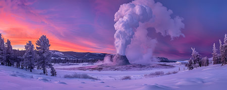 Witness the breathtaking spectacle of a winter sunrise, where a steaming geyser amidst a snow-covered national park landscape creates an ethereal symphony of light and mist The rising sun's golden rays illuminate the icy peaks, casting a warm glow on the pristine expanse, while the geyser's plume rises majestically, releasing tendrils of vapor that dance in the crisp morning air AI Generativeの素材