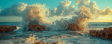 Witness the awe-inspiring spectacle of mighty ocean waves crashing thunderously against a rugged rocky shoreline As the golden rays of sunrise pierce through dramatic cloudscapes, the scene is illuminated with ethereal beauty The swirling waters create a mesmerizing display of power and grace, while the jagged rocks provide a canvas for nature&#39;s relentless artistry AI Generativeの素材