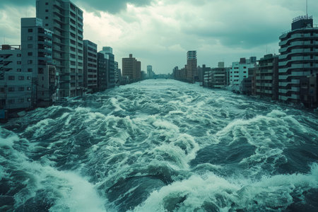 Witness the raw force of nature in this dramatic image Surging floodwaters engulf urban buildings, showcasing the devastating impact of urban flooding on infrastructure and the challenges of climate change The stormy skies heighten the sense of urgency, highlighting the critical need for preparedness and resilience AI Generativeの素材