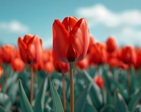 Immerse yourself in the vibrant tapestry of nature&#39;s awakening with this captivating image of a field of red tulips in full bloom Under the azure expanse of a cloudless sky, their graceful petals unfurl in a symphony of crimson, capturing the essence of spring&#39;s joyful renewal The serene atmosphere invites you to bask in the beauty of nature&#39;s artistry, evoking a sense of tranquility and wonder AI Generativeの素材