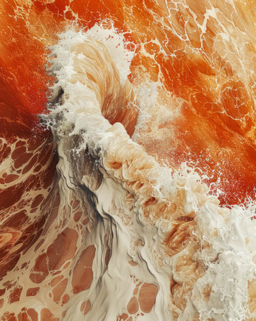 Immerse yourself in the captivating dance of the ocean as crimson and pearl waves intertwine, forming an ethereal abstract tapestry The dynamic collision of these elements generates a mesmerizing symphony of colors, creating an otherworldly spectacle that will transport you to a realm of tranquility and awe AI Generativeの素材