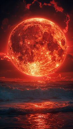 Witness the rare and captivating beauty of a stunning red full moon rising over the tranquil ocean waves at sunset The radiant crimson disc casts a mesmerizing glow upon the water, creating a celestial masterpiece As night descends, the moonbeams dance upon the waves, illuminating the darkness with an ethereal radiance This awe-inspiring phenomenon showcases the celestial ballet between the celestial bodies, offering a glimpse into the wonder of the universe AI Generativeの素材