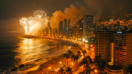 The urban landscape transforms into a dazzling spectacle as sparkling fireworks illuminate the city skyline at night Tall buildings and palm trees along the shoreline become majestic silhouettes, casting reflections upon the tranquil waters below The vibrant colors of the fireworks paint the sky, creating a breathtaking fusion of urban and natural beauty This mesmerizing spectacle promises an unforgettable experience, capturing the soul of a city in its most radiant moment AI Generativeの素材