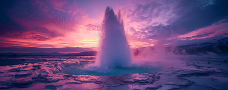 Witness the Earth&#39;s grandeur as a majestic natural hot spring geyser erupts in unison with the rising sun Bathed in the warm hues of dawn, the towering column of mineral-rich water bursts forth in a captivating display of nature&#39;s power and beauty Captured in high-resolution photography, this breathtaking moment is a testament to the Earth&#39;s awe-inspiring phenomena AI Generativeの素材