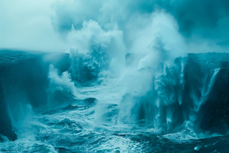 Witness nature&#39;s unyielding grandeur as colossal ocean waves collide with towering cliffs, unleashing a symphony of power and drama The tempestuous seascape captures the raw beauty of untamed elements, leaving an indelible spectacle of nature&#39;s boundless energy AI Generativeの素材