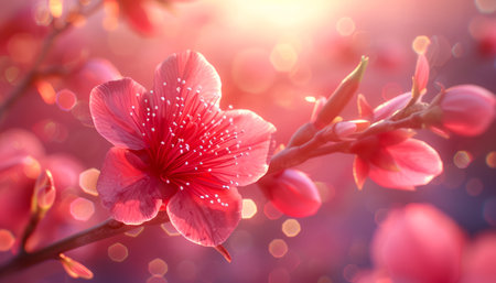 Immerse yourself in the ethereal beauty of springtime blossoms A close-up captures the delicate petals of vibrant pink flowers, bathed in soft sunlight The blurred background creates a dreamy bokeh effect, drawing focus to the exquisite petals This photograph celebrates the joy of nature, inviting viewers to appreciate the intricate details of floral artistry AI Generativeの素材