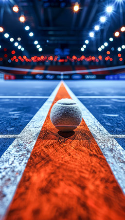 Prepare to be mesmerized by this captivating indoor tennis court The court&#39;s modern sports arena environment exudes energy The court&#39;s focal point is the tennis ball, frozen in mid-air on the center line Geometric patterns and sharp angles are enhanced by striking lighting, creating a dynamic and visually appealing atmosphere The central composition draws the viewer&#39;s gaze, inviting them to experience the thrill of the game AI Generativeの素材