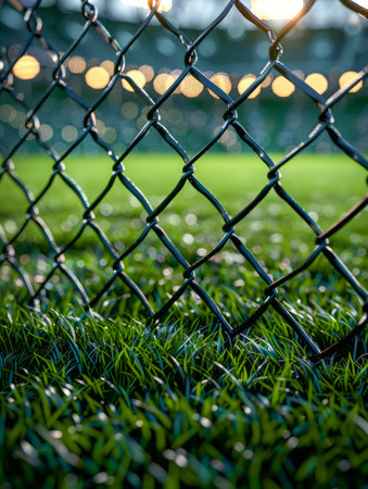 Intricate steel chain-link fence stands before a lush, vibrant green field in this close-up shot The fence&#39;s crisscrossing pattern casts intricate shadows, creating a sense of depth and texture The blurred background depicts a sports field under the golden rays of daytime sun, adding context and depth to the image AI Generativeの素材