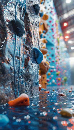 Embark on an exhilarating indoor rock climbing adventure where vibrant artificial cliffs soar high, adorned with a kaleidoscope of multicolored holds Immerse yourself in a state-of-the-art gym setting, where modern equipment and expert guidance harmoniously blend to create an unforgettable journey AI Generativeの素材