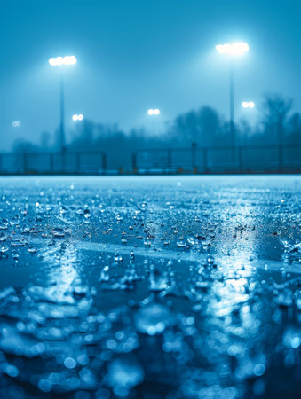 Capture the tranquility of an illuminated sports field, where rain-kissed surfaces gleam like diamonds beneath a misty azure sky Amidst the calming hush, feel your mind settle as the soft glow of floodlights illuminates the scene, inviting you to disconnect and reflect in this oasis of serenity AI Generativeの素材