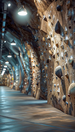 Scale the heights of an indoor rock climbing gym boasting artificial walls and a kaleidoscope of routes catering to every level Ascend illuminated cliffs adorned with an array of handholds, posing challenges for both seasoned climbers and aspiring enthusiasts alike AI Generativeの素材