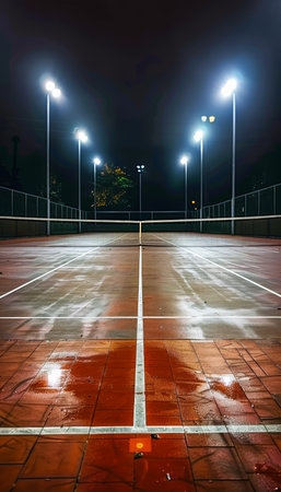 Bathed in ethereal glow, the illuminated tennis court presents a surreal scene under the velvet night sky The wet surface shimmers with reflected lights, casting an iridescent spell on the court Tall fences enclose the arena, while brilliant stadium lights pour down, creating a dramatic ambiance that beckons players to engage in an unforgettable tennis match AI Generativeの素材