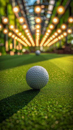 Capture the serenity of a pristine golf course at sunset A solitary golf ball rests on the smooth green, illuminated by warm golden light This idyllic scene evokes a sense of tranquility and invites viewers to immerse themselves in the beauty of the natural surroundings Perfect for golf enthusiasts, sports enthusiasts, and nature lovers seeking a moment of relaxation and inspiration AI Generativeの素材
