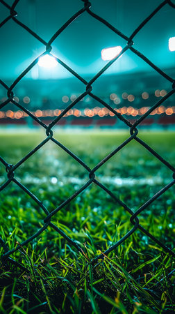 A captivating night scene captured through the chain-link fence of a stadium The vibrant green grass takes center stage, illuminated by the floodlights that cast a warm glow over the field The surrounding stadium is a symphony of lights, creating a captivating spectacle against the dark night sky The focus on the grass draws the viewer's attention to the field, evoking a sense of anticipation and excitement for the game to come AI Generativeの素材