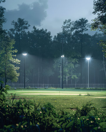 Tranquility descends upon a verdant sports field illuminated by floodlights, surrounded by an enveloping lush forest The vibrant green expanse of the field contrasts harmoniously with the deep hues of the surrounding trees, creating a serene and inviting ambiance The play of light and shadow evokes a sense of hushed anticipation, enhancing the serene beauty of the scene AI Generativeの素材