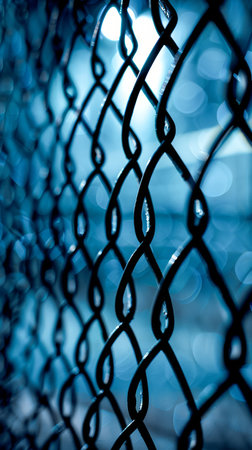 Capture the intricate beauty of a chain-link fence under ambient blue lighting The intertwining metal links create a geometric pattern, while the blurred background adds a touch of ethereal elegance This image encapsulates the industrial spirit of urban landscapes and showcases the unique aesthetic of modern architecture Perfect for showcasing industrial design, urban beauty, and architectural photography AI Generativeの素材